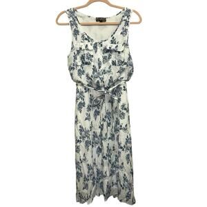 J Glee Floral Midi Dress Women's‎ Medium White Blue Tie Waist